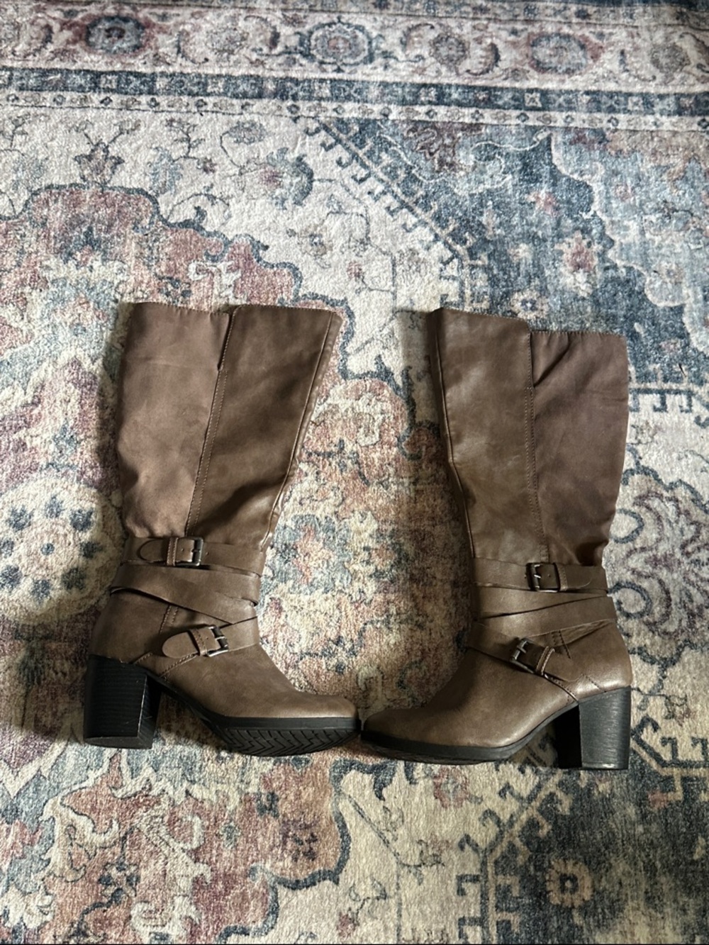 Women's Brown Mid-Calf Buckle Heeled Boots